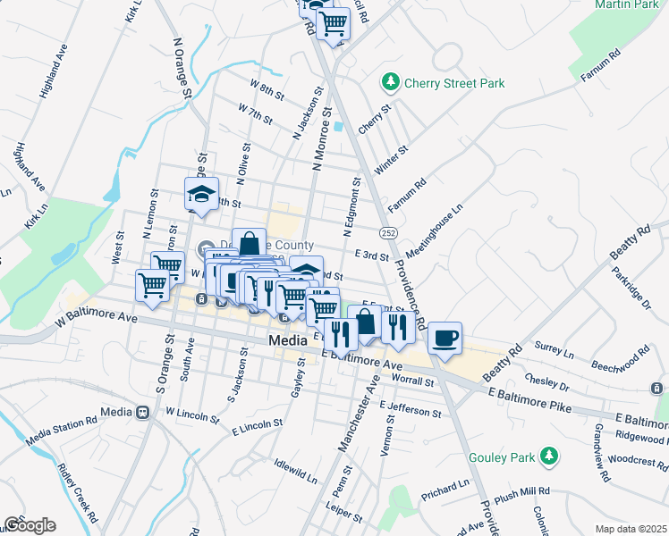 map of restaurants, bars, coffee shops, grocery stores, and more near 206 North Edgmont Street in Media