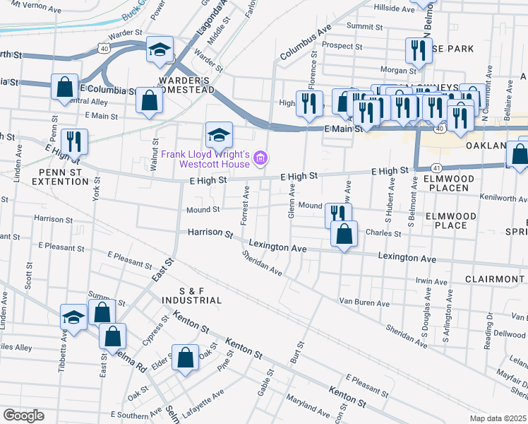 map of restaurants, bars, coffee shops, grocery stores, and more near 1327 Mound Street in Springfield
