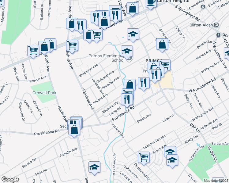 map of restaurants, bars, coffee shops, grocery stores, and more near 1004 Primos Avenue in Delaware County
