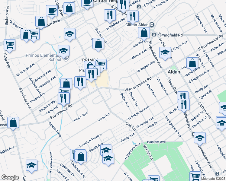 map of restaurants, bars, coffee shops, grocery stores, and more near 608 West Providence Road in Aldan