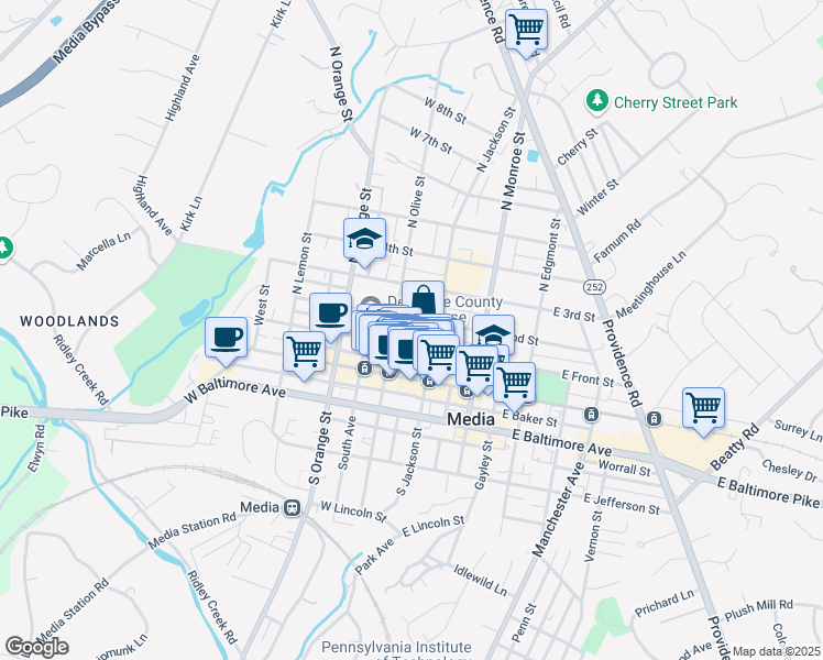 map of restaurants, bars, coffee shops, grocery stores, and more near 112 North Plum Street in Media