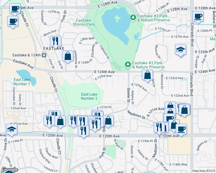 map of restaurants, bars, coffee shops, grocery stores, and more near 12314 Fillmore Court in Thornton