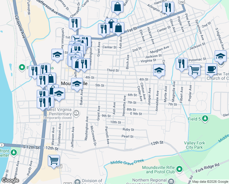 map of restaurants, bars, coffee shops, grocery stores, and more near 1314 6th St in Moundsville