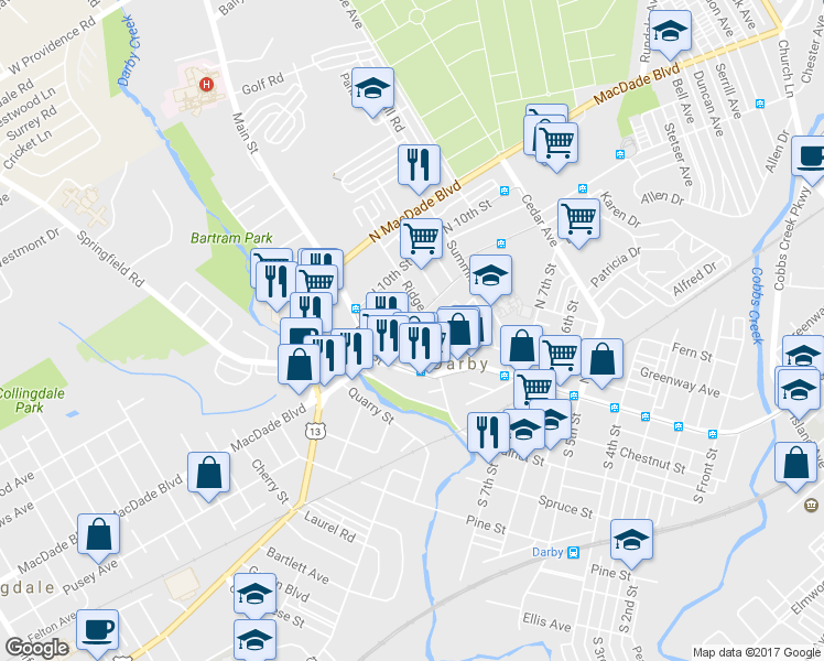 map of restaurants, bars, coffee shops, grocery stores, and more near 44 North 9th Street in Darby