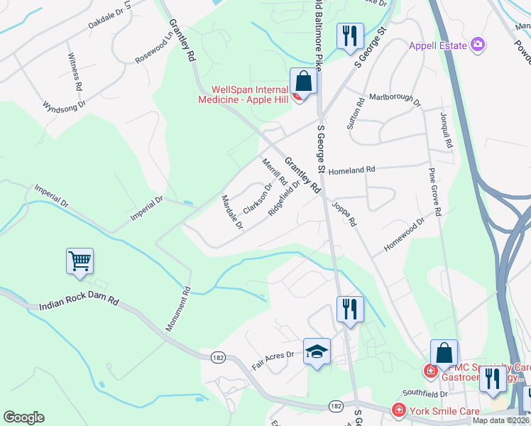 map of restaurants, bars, coffee shops, grocery stores, and more near 121 Ridgefield Drive in York