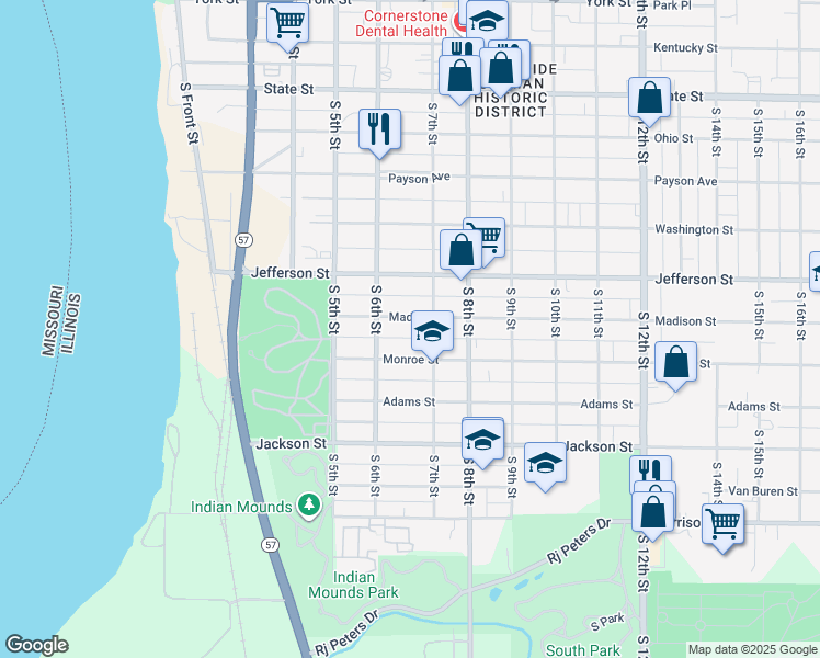 map of restaurants, bars, coffee shops, grocery stores, and more near 630 Madison Street in Quincy