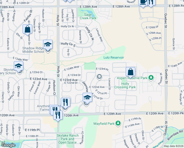 map of restaurants, bars, coffee shops, grocery stores, and more near 6150 East 123rd Way in Brighton