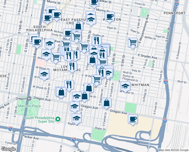 map of restaurants, bars, coffee shops, grocery stores, and more near in Philadelphia