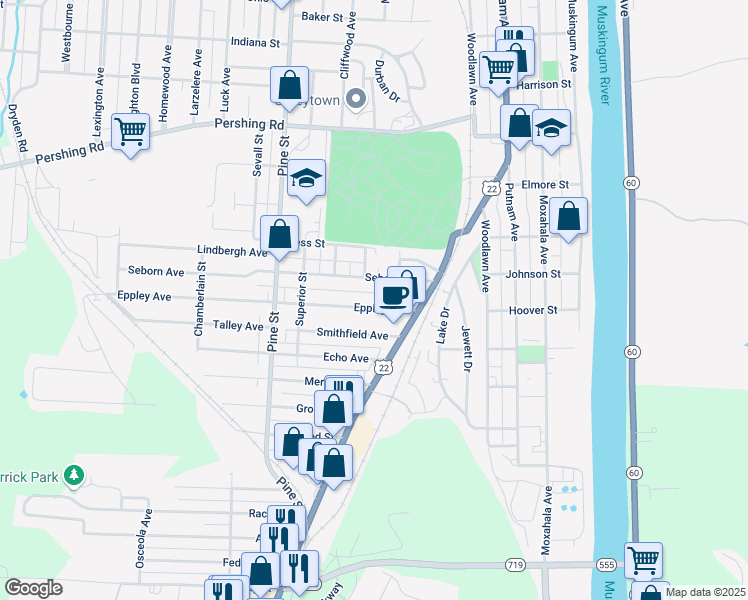map of restaurants, bars, coffee shops, grocery stores, and more near 427 Eppley Avenue in Zanesville