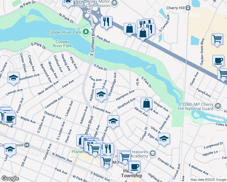 map of restaurants, bars, coffee shops, grocery stores, and more near 418 Strawbridge Avenue in Haddon township