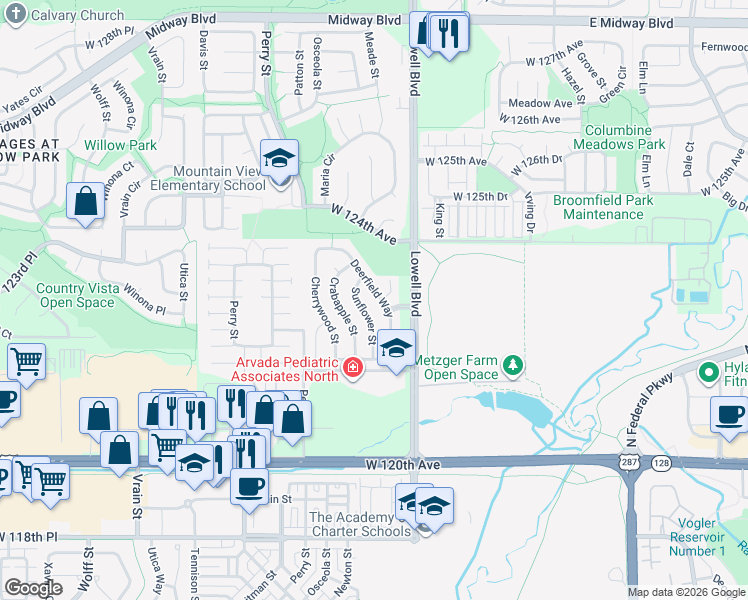 map of restaurants, bars, coffee shops, grocery stores, and more near 12233 Deerfield Way in Broomfield