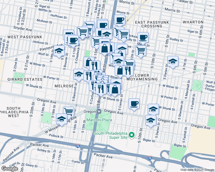map of restaurants, bars, coffee shops, grocery stores, and more near 1335 West Porter Street in Philadelphia