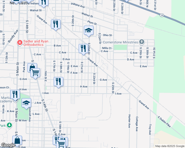 map of restaurants, bars, coffee shops, grocery stores, and more near 1301 S 23rd St in New Castle