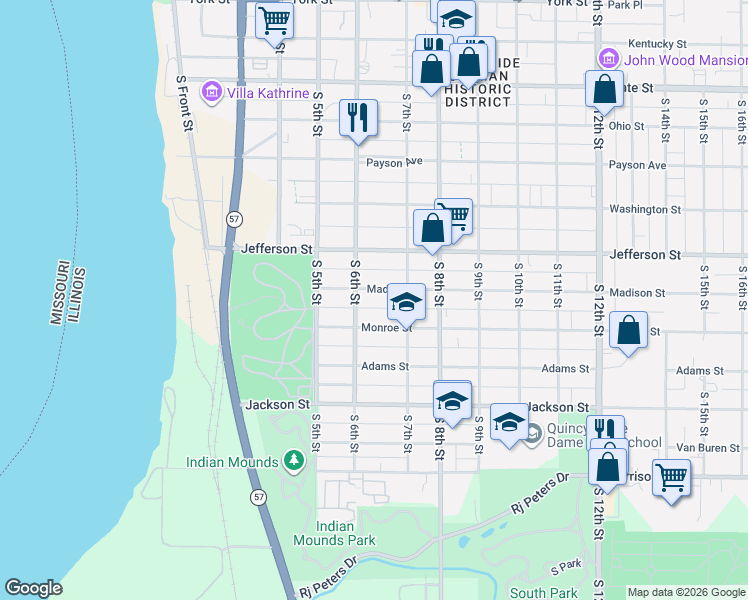 map of restaurants, bars, coffee shops, grocery stores, and more near 630 Madison Street in Quincy