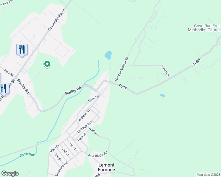 map of restaurants, bars, coffee shops, grocery stores, and more near 616 West Penn Street in Lemont Furnace