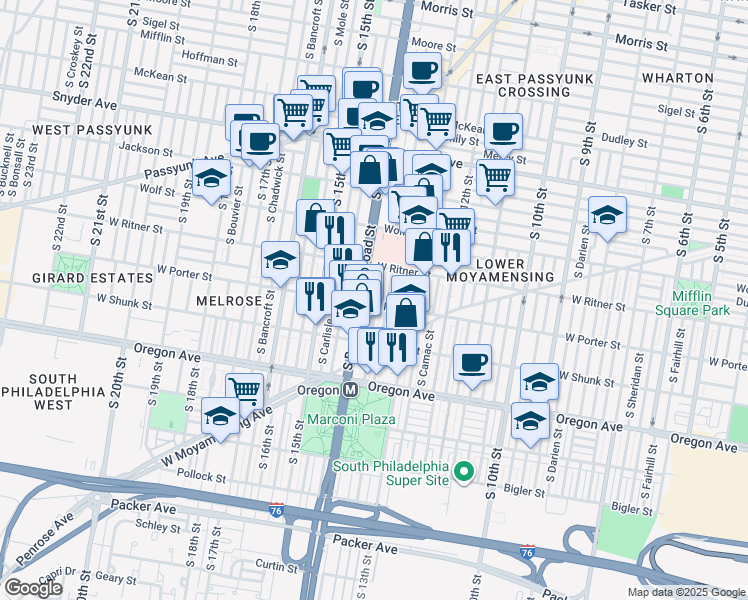 map of restaurants, bars, coffee shops, grocery stores, and more near 2445 South Juniper Street in Philadelphia