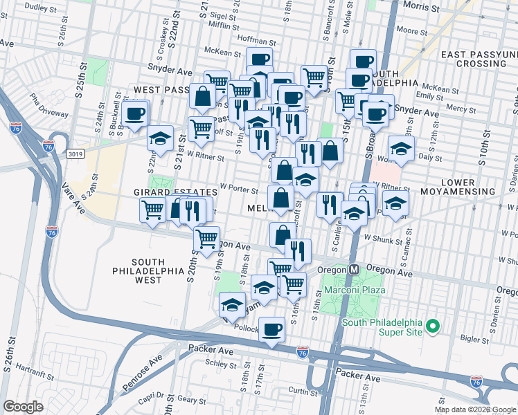 map of restaurants, bars, coffee shops, grocery stores, and more near 2519 South 18th Street in Philadelphia