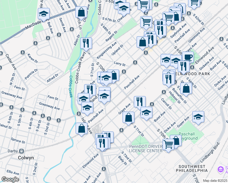 map of restaurants, bars, coffee shops, grocery stores, and more near 7030 Saybrook Avenue in Philadelphia