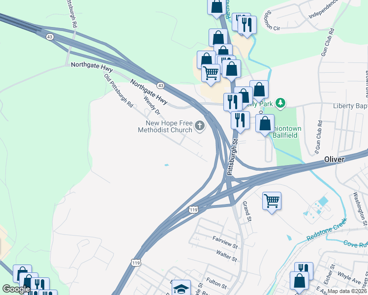 map of restaurants, bars, coffee shops, grocery stores, and more near 1-243 Old Pittsburgh Rd in Uniontown