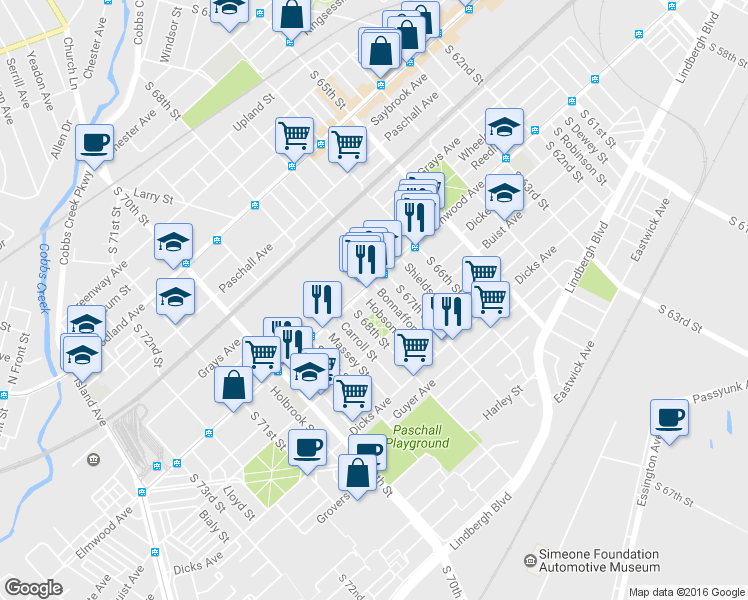 map of restaurants, bars, coffee shops, grocery stores, and more near 2515 South Hobson Street in Philadelphia