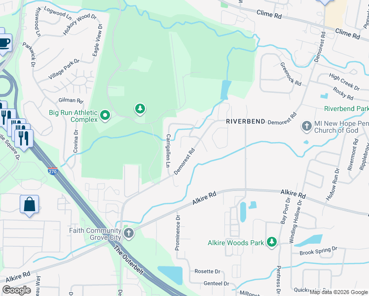 map of restaurants, bars, coffee shops, grocery stores, and more near 1661 Kildare Place in Columbus