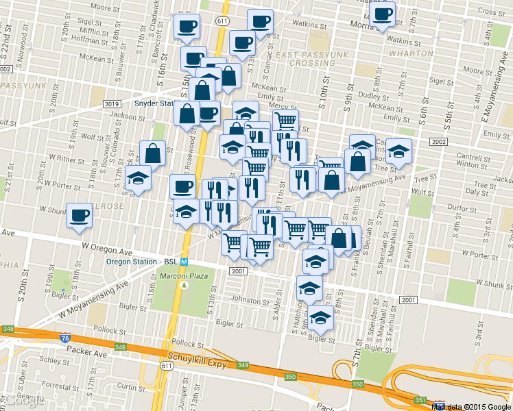map of restaurants, bars, coffee shops, grocery stores, and more near 2427 South 12th Street in Philadelphia