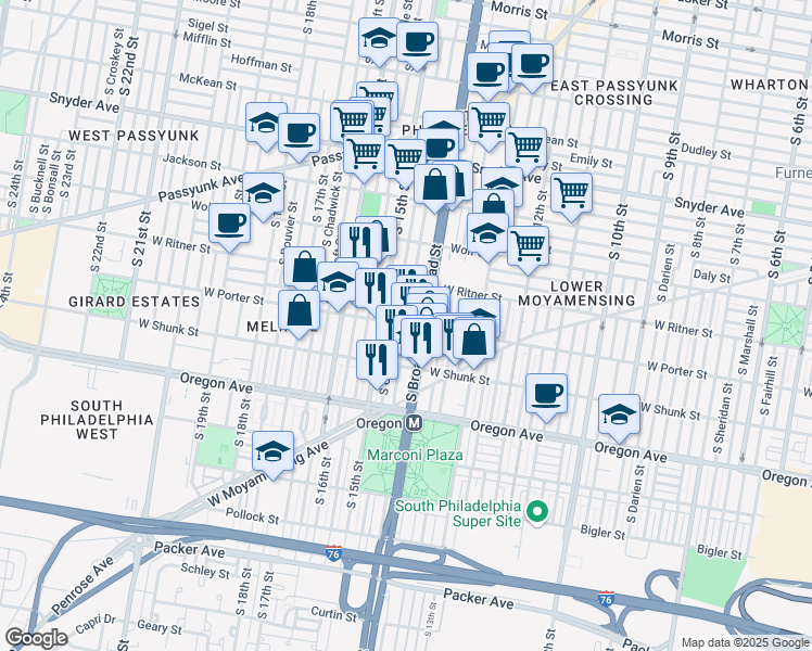 map of restaurants, bars, coffee shops, grocery stores, and more near 2500 S Rosewood St in Philadelphia