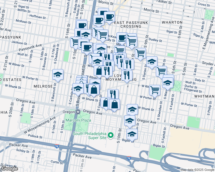 map of restaurants, bars, coffee shops, grocery stores, and more near 2427 South 12th Street in Philadelphia