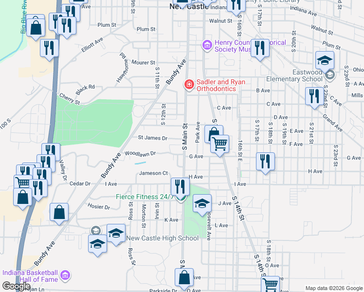 map of restaurants, bars, coffee shops, grocery stores, and more near 1137 South Main Street in New Castle