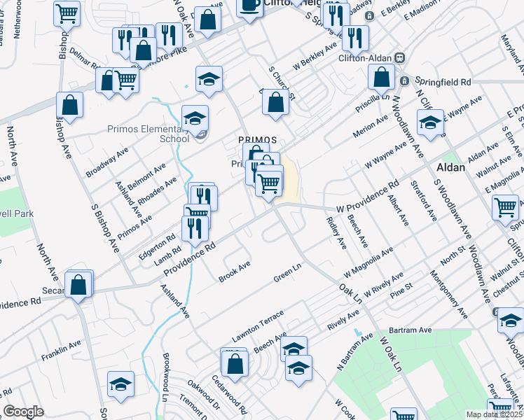 map of restaurants, bars, coffee shops, grocery stores, and more near 807 Providence Road in Delaware County