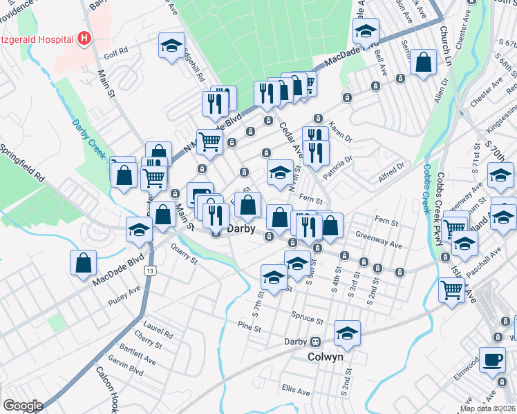 map of restaurants, bars, coffee shops, grocery stores, and more near 103 Whitely Terrace in Darby