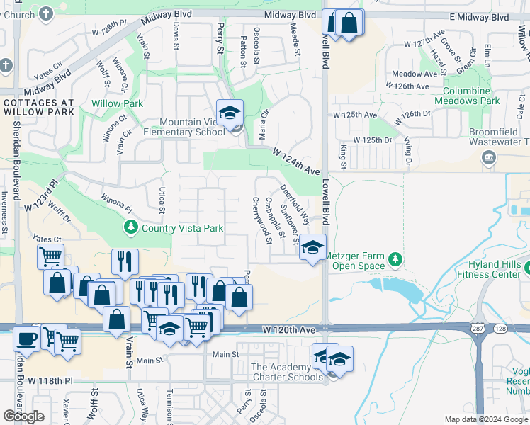 map of restaurants, bars, coffee shops, grocery stores, and more near 12225 Crabapple Street in Broomfield