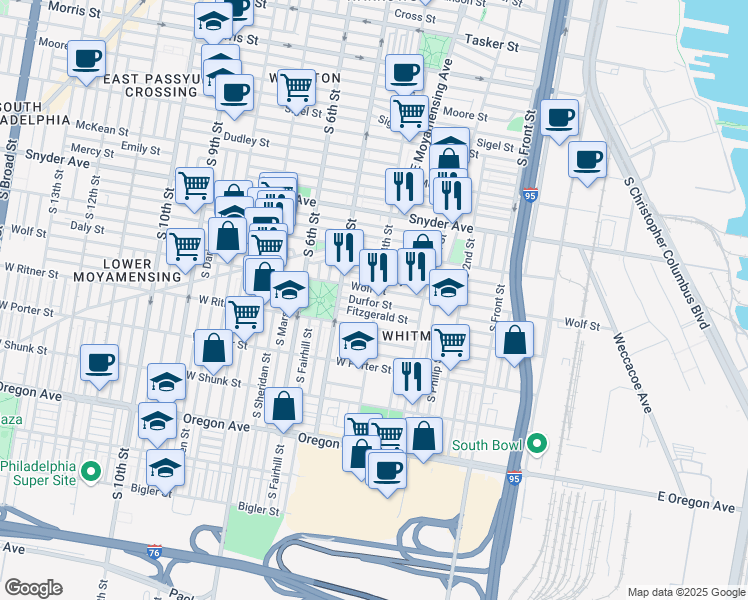 map of restaurants, bars, coffee shops, grocery stores, and more near 401 Durfor Street in Philadelphia