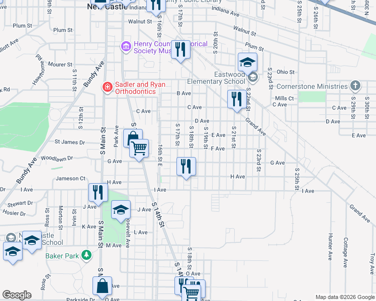 map of restaurants, bars, coffee shops, grocery stores, and more near 1303 South 18th Street in New Castle