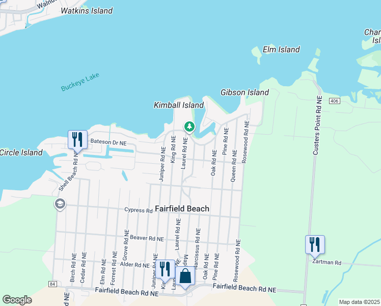map of restaurants, bars, coffee shops, grocery stores, and more near 13635 Maple Road Northeast in Thornville