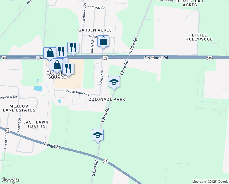 map of restaurants, bars, coffee shops, grocery stores, and more near 151 S Bird Rd in Springfield
