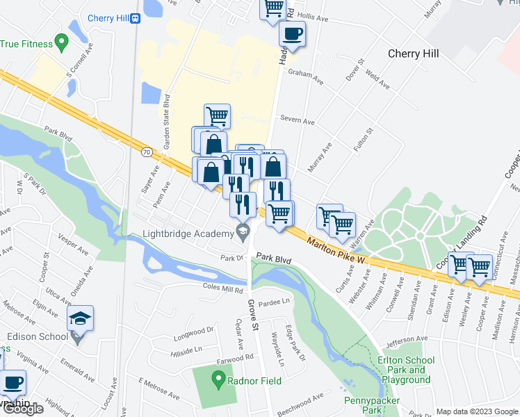 map of restaurants, bars, coffee shops, grocery stores, and more near 1982 Marlton Pike West in Cherry Hill