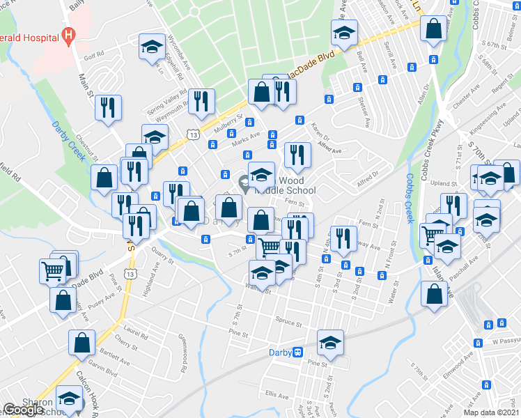 map of restaurants, bars, coffee shops, grocery stores, and more near 709 Greenway Avenue in Darby
