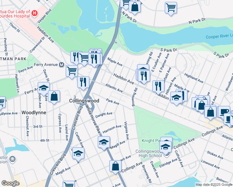 map of restaurants, bars, coffee shops, grocery stores, and more near 101 West Browning Road in Collingswood
