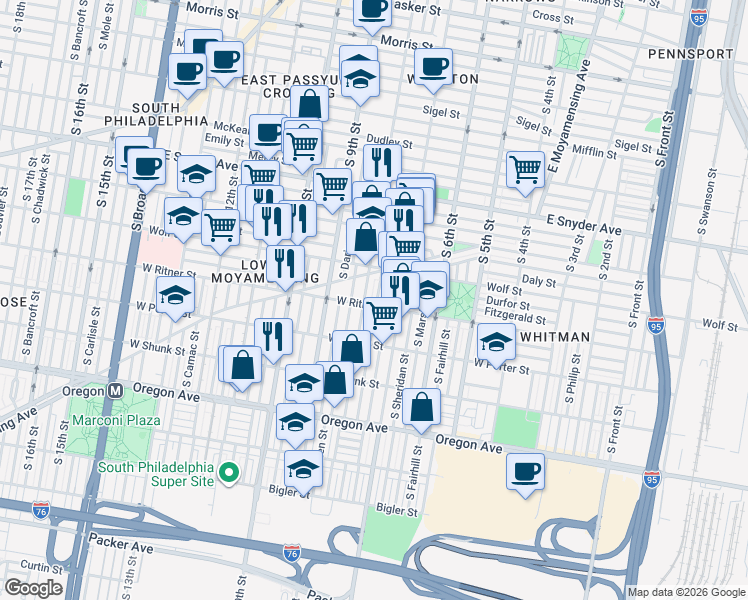map of restaurants, bars, coffee shops, grocery stores, and more near in Philadelphia