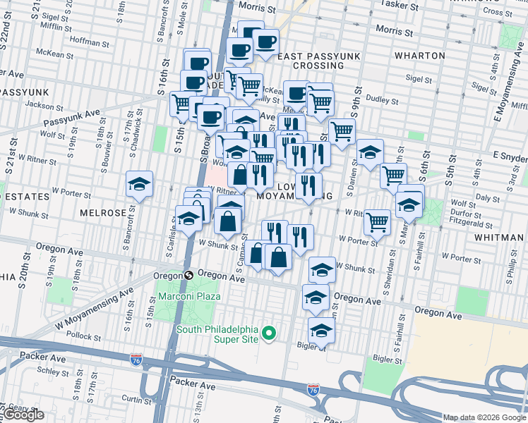 map of restaurants, bars, coffee shops, grocery stores, and more near 2424 South Sartain Street in Philadelphia