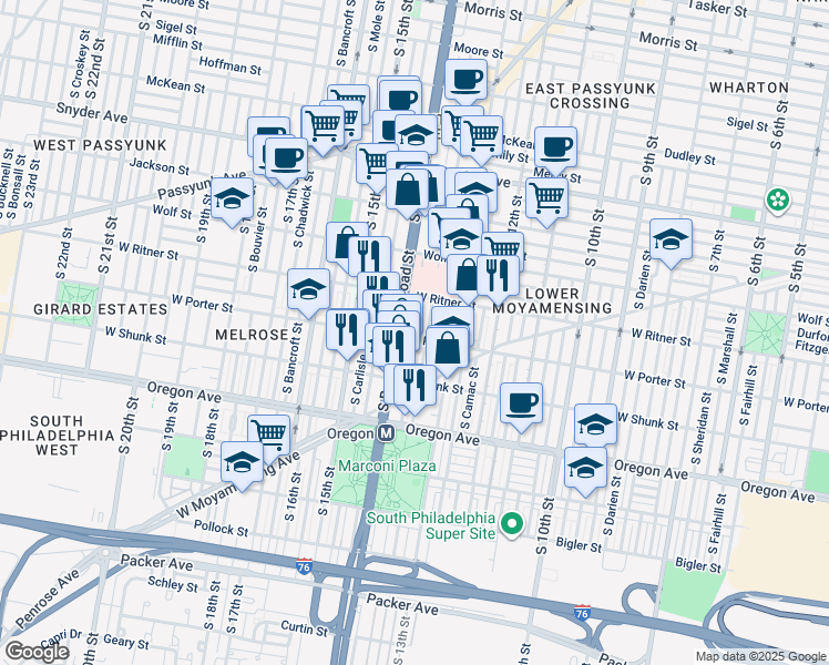 map of restaurants, bars, coffee shops, grocery stores, and more near 2445 South Juniper Street in Philadelphia