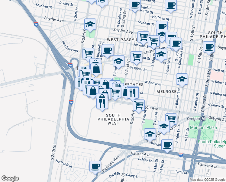 map of restaurants, bars, coffee shops, grocery stores, and more near 2201-25 West Oregon Avenue in Philadelphia