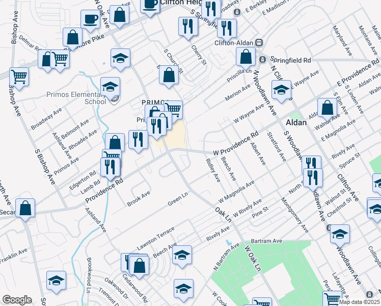 map of restaurants, bars, coffee shops, grocery stores, and more near 608 West Providence Road in Aldan