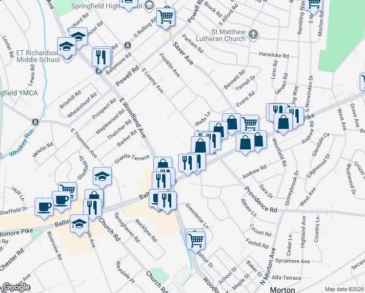 map of restaurants, bars, coffee shops, grocery stores, and more near 508 Philmar Court in Springfield