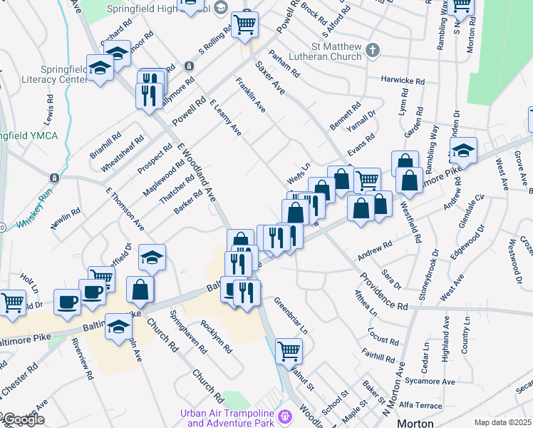 map of restaurants, bars, coffee shops, grocery stores, and more near 508 Philmar Court in Springfield