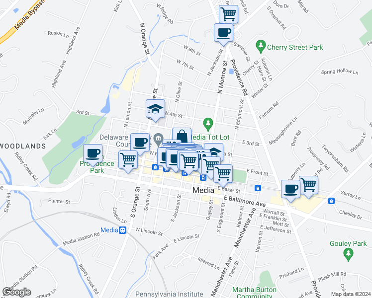 map of restaurants, bars, coffee shops, grocery stores, and more near 8 East 2nd Street in Media