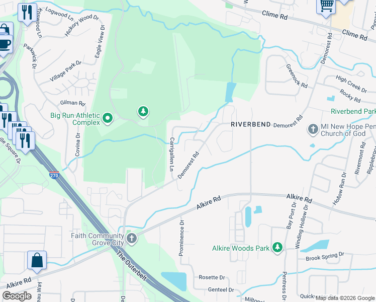 map of restaurants, bars, coffee shops, grocery stores, and more near 1661 Kildare Place in Columbus