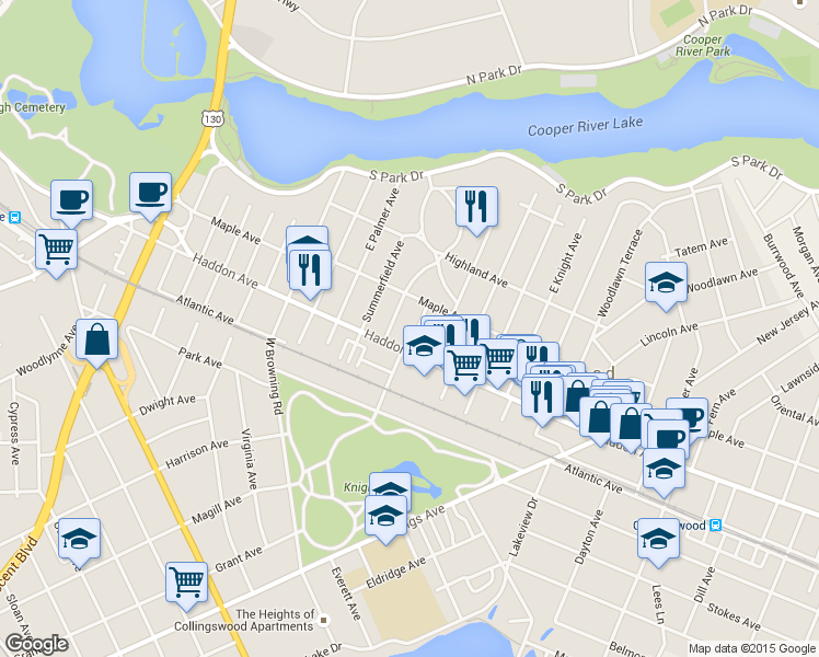 map of restaurants, bars, coffee shops, grocery stores, and more near 17 East Zane Avenue in Collingswood