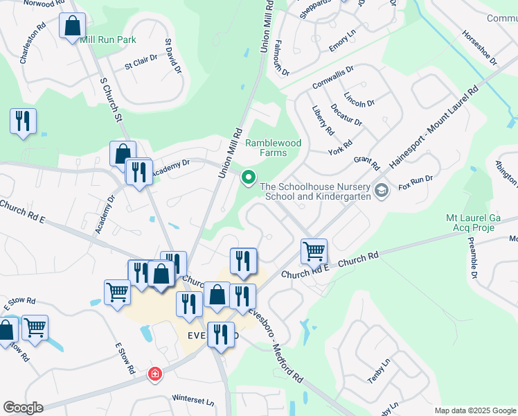 map of restaurants, bars, coffee shops, grocery stores, and more near 843 Lafayette Drive in Mount Laurel Township